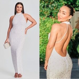 NWT RETROFETE Hand Stitched Crystal & Sequin Sleeveless Halter Open Back Gown XL